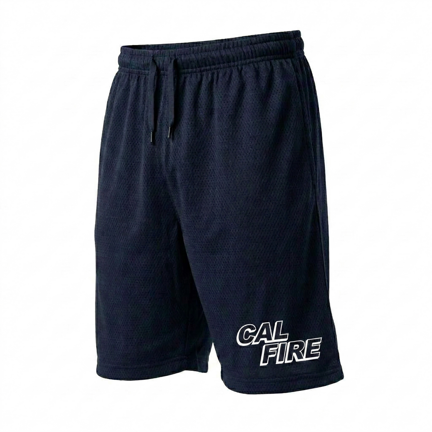Navy mesh PT shorts shown at a slight angle with the white-outlined CAL FIRE wordmark on the left leg hem.