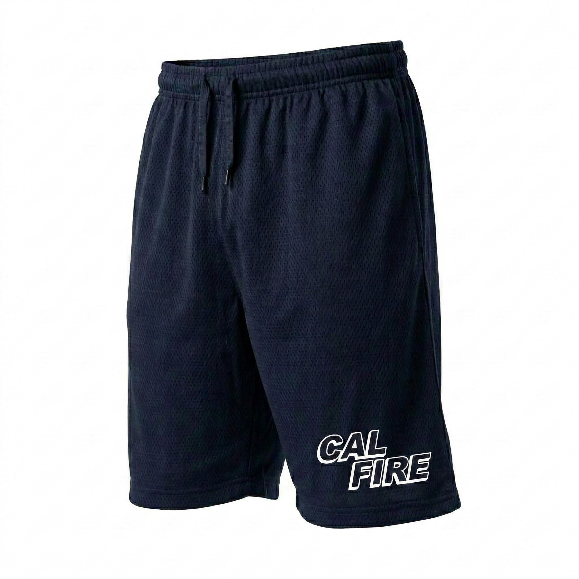 Navy mesh PT shorts shown at a slight angle with the white-outlined CAL FIRE wordmark on the left leg hem.