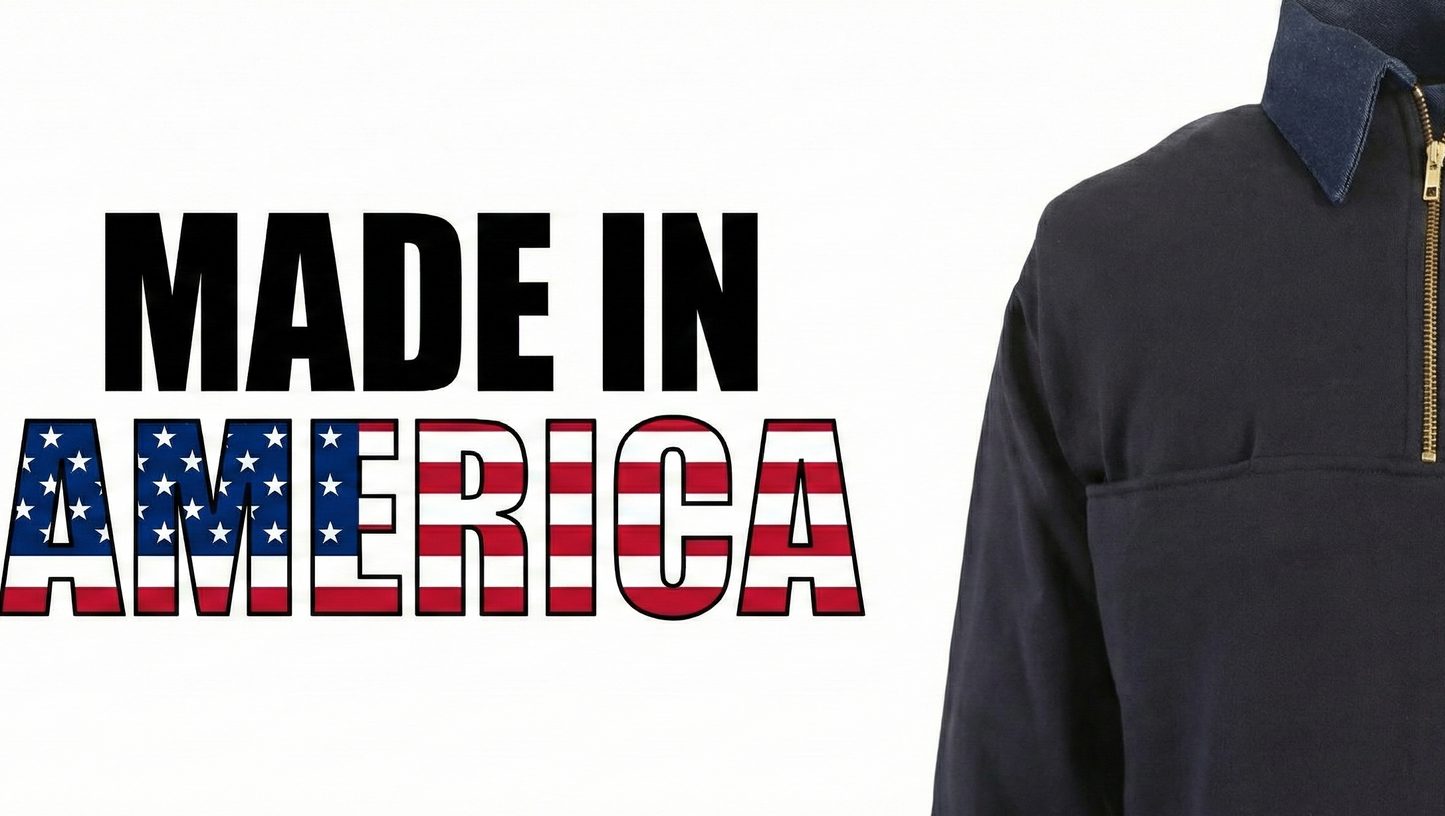 Bold MADE IN AMERICA graphic with US-flag-filled lettering beside the navy denim collar and shoulder of the job shirt.