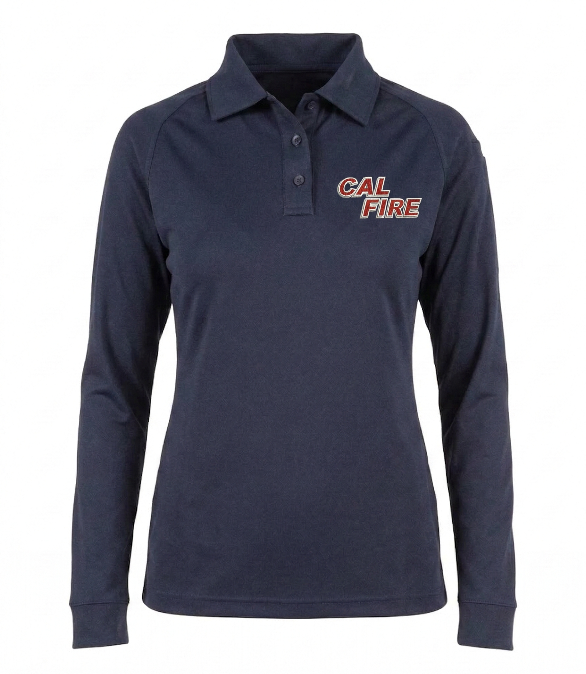 Navy women's long-sleeve performance polo, front view with the red CAL FIRE italic wordmark on the left chest above the three-button placket.