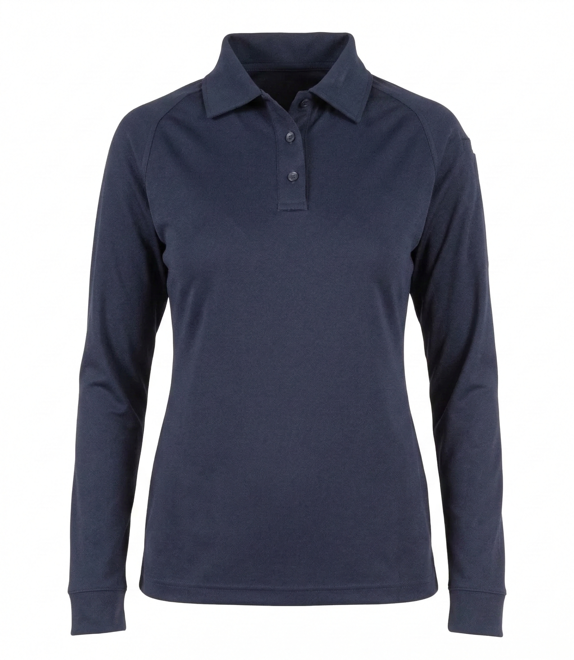 Front view of the plain navy women's long-sleeve polo with no logo, showing the collar and three-button placket.