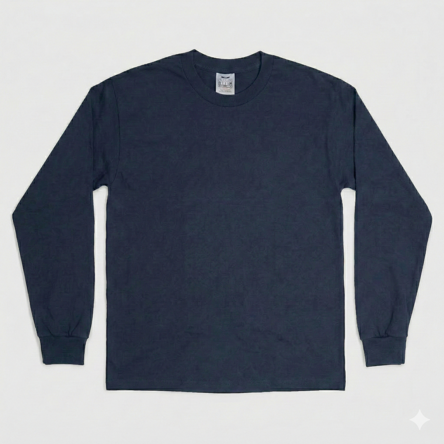 Plain blank back view of the navy long-sleeve tee laid flat, showing the neck label and full sleeves.