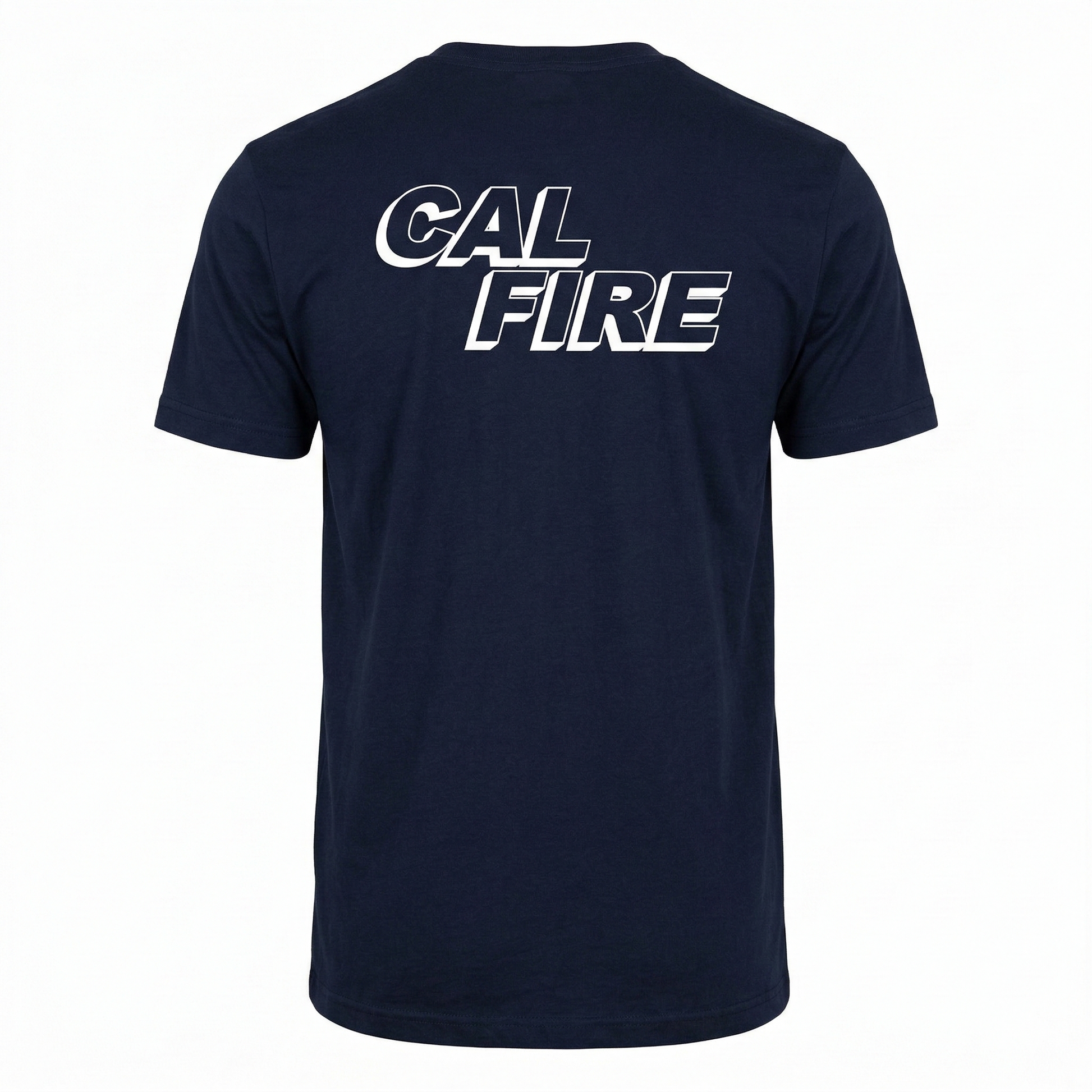 DFND-brand CAL FIRE men's athletic-cut short-sleeve duty t-shirt in navy — back view with large white CAL FIRE italic block-letter logo printed across the upper back.
