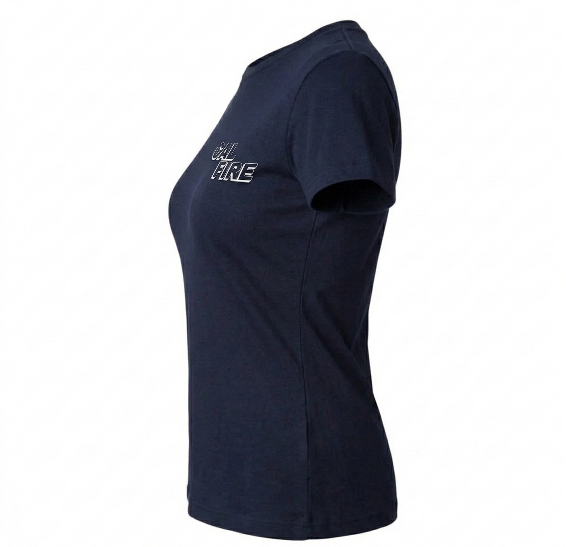 DFND-brand CAL FIRE women's contoured-fit short-sleeve duty t-shirt in navy — side profile view showing the women's-cut tapered silhouette and the CAL FIRE italic block-letter logo on the chest.