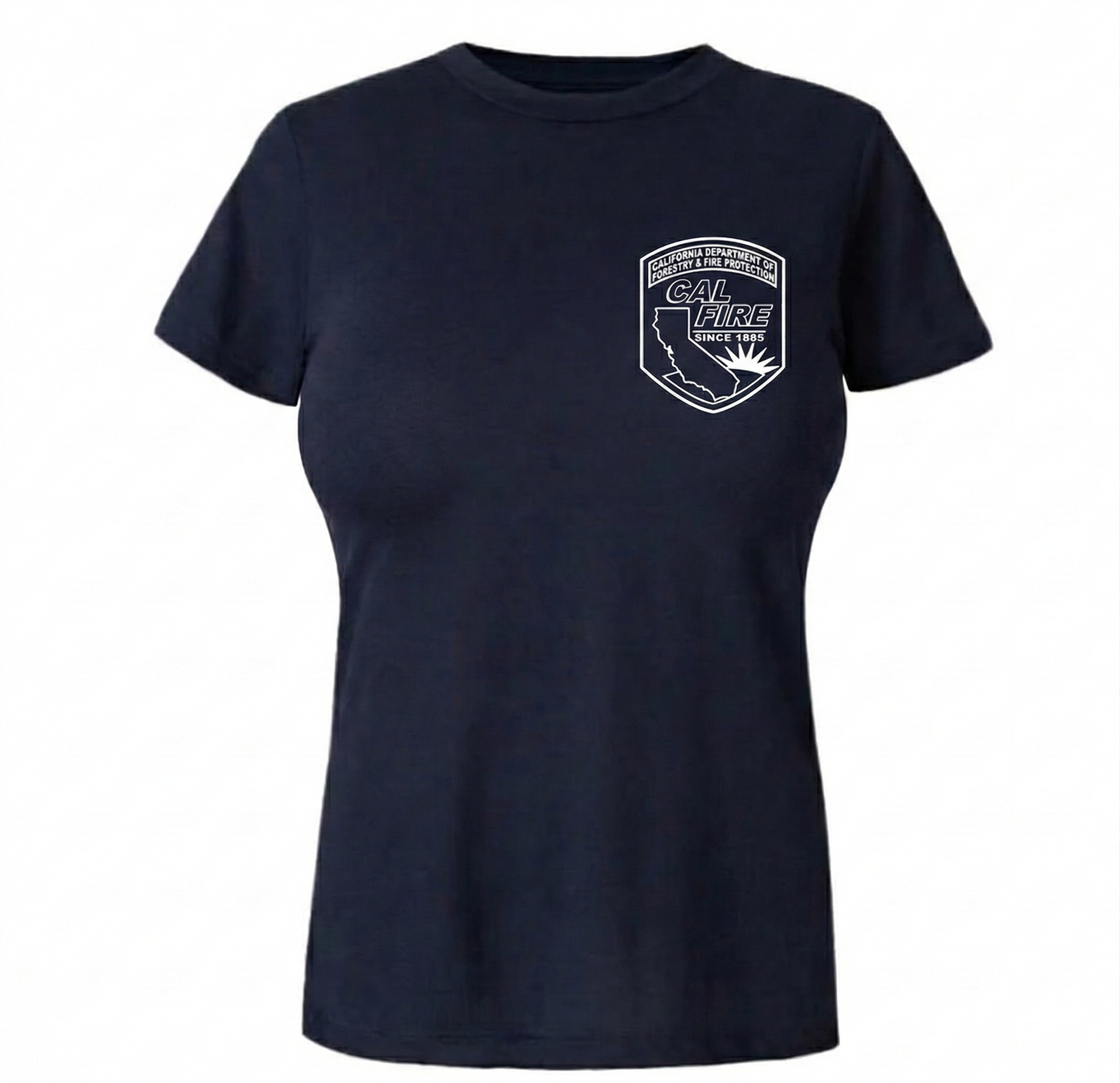 DFND-brand CAL FIRE women's contoured-fit short-sleeve duty t-shirt in navy — front view with the official CAL FIRE shield patch (California outline + sun emblem, 'California Department of Forestry & Fire Protection', 'SINCE 1885') on the left chest.