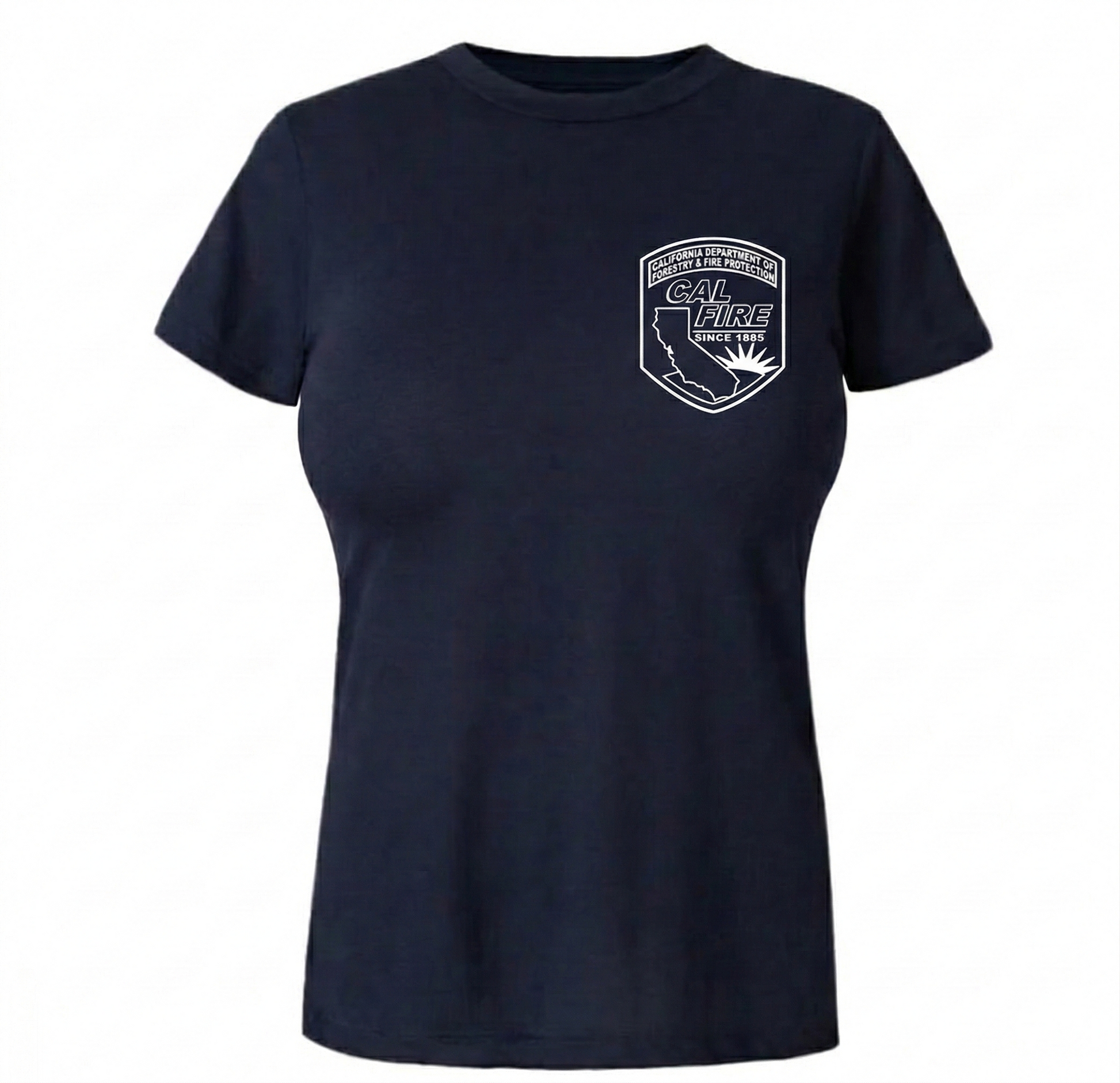 DFND-brand CAL FIRE women's contoured-fit short-sleeve duty t-shirt in navy — front view with the official CAL FIRE shield patch (California outline + sun emblem, 'California Department of Forestry & Fire Protection', 'SINCE 1885') on the left chest.