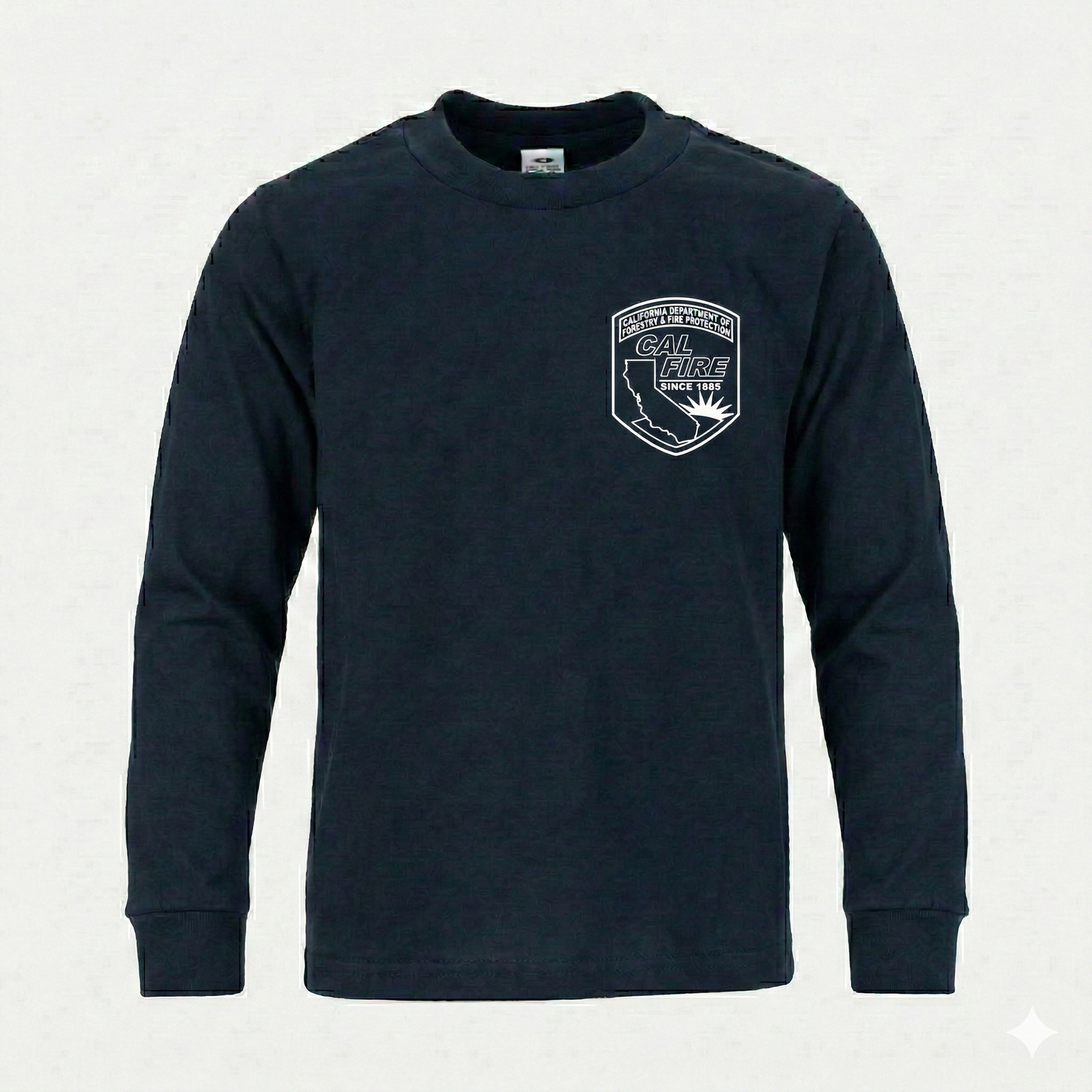 Navy long-sleeve tee, flat front, with the white CAL FIRE arrowhead shield crest (California outline and sunrise, 'Since 1885') on the left chest.