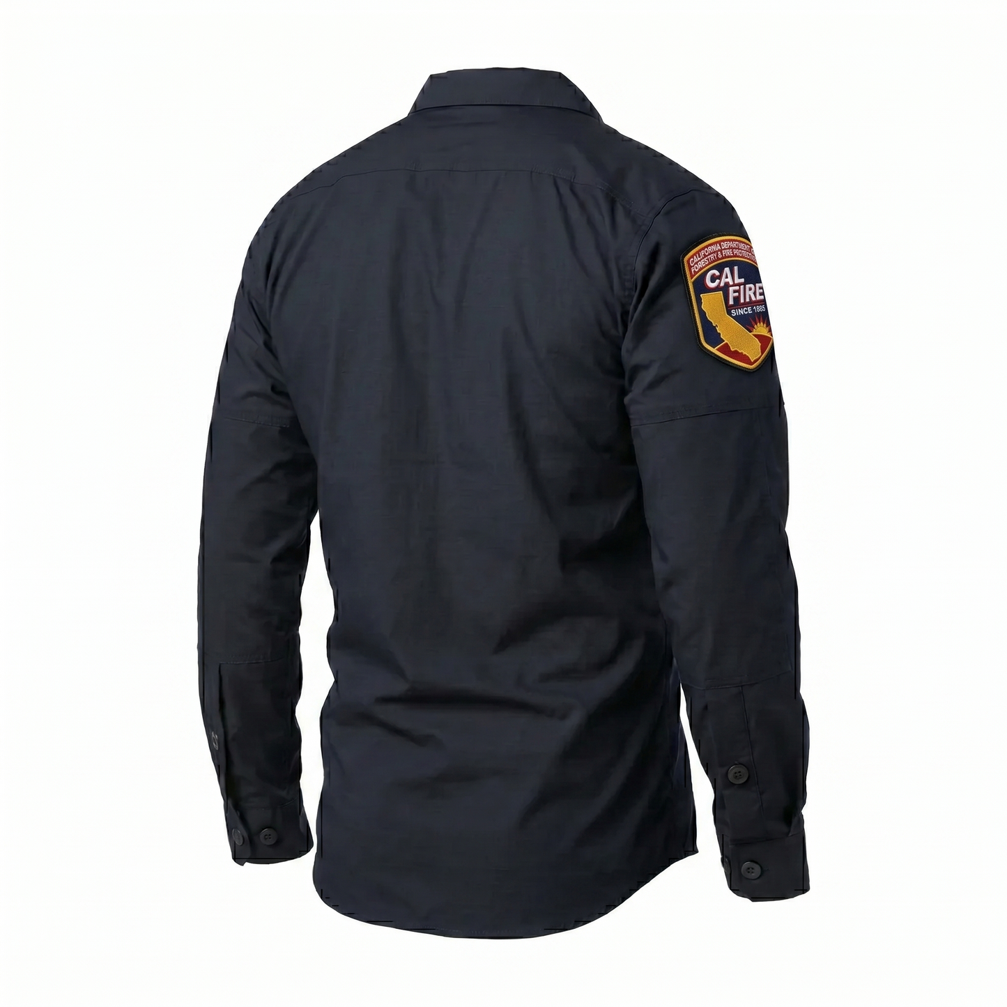 Rear three-quarter view of the navy TDU long-sleeve shirt showing the CAL FIRE arrowhead shield patch on the upper sleeve and the plain back.