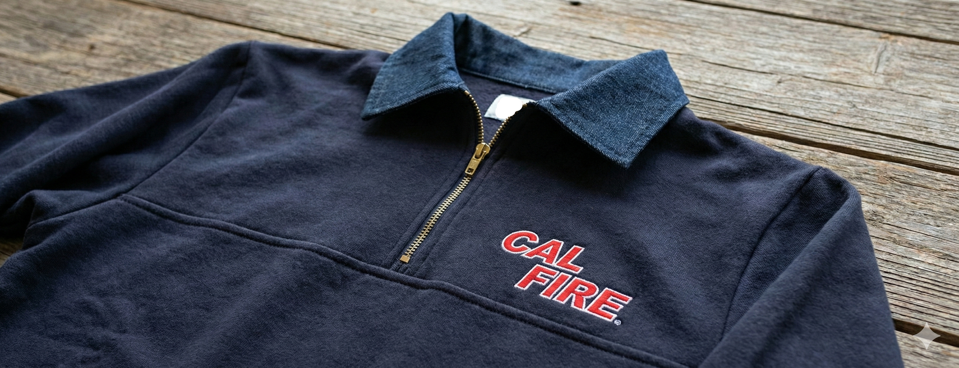 Folded navy job shirt staged on weathered wood planks, denim collar and gold zipper above the red CAL FIRE chest wordmark.