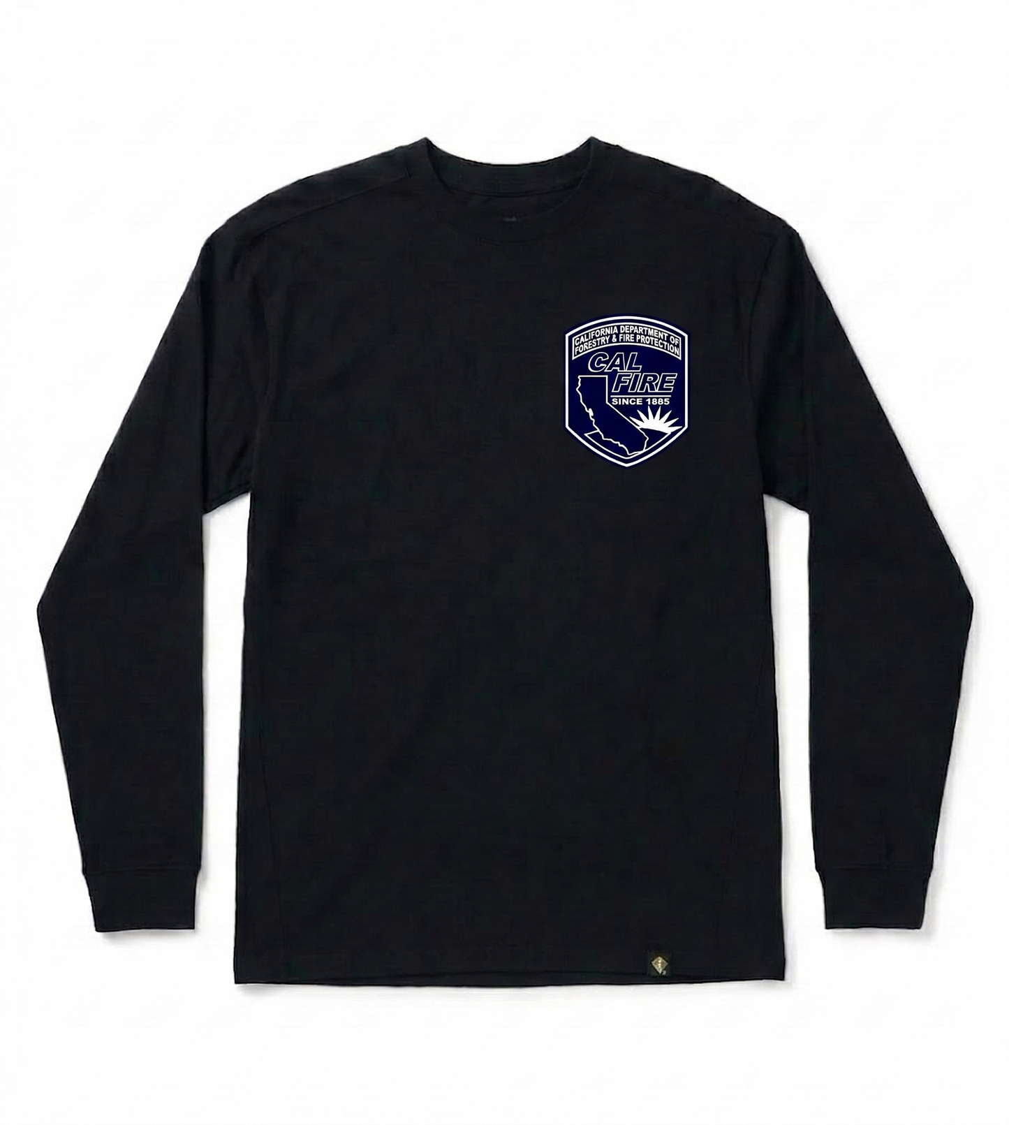 Black long-sleeve shirt flat-lay, front with the navy CAL FIRE arrowhead shield crest reading California Department of Forestry and Fire Protection on the left chest.
