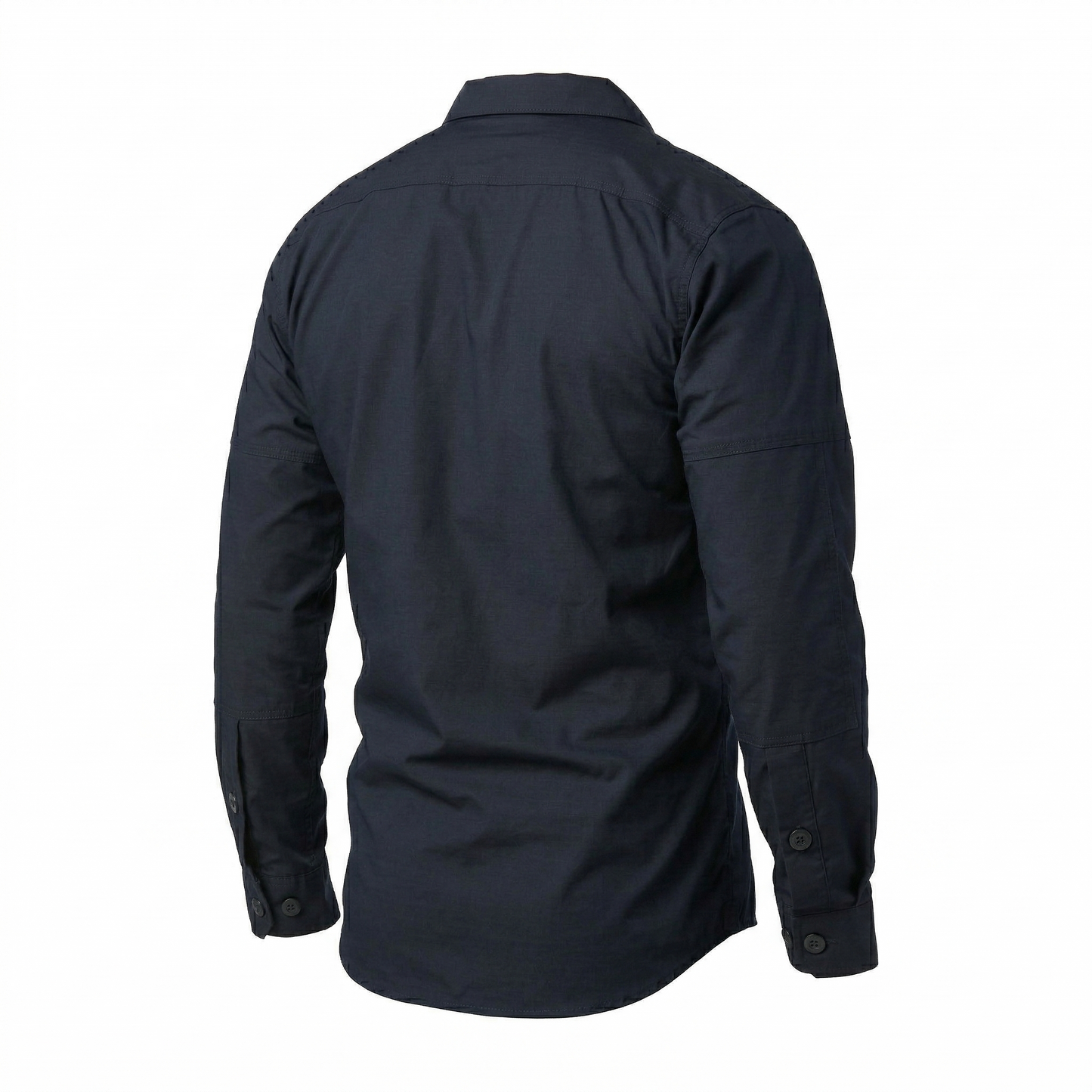 Three-quarter back view of the plain navy TDU ripstop long-sleeve shirt, no logo, showing the side seam and sleeve.