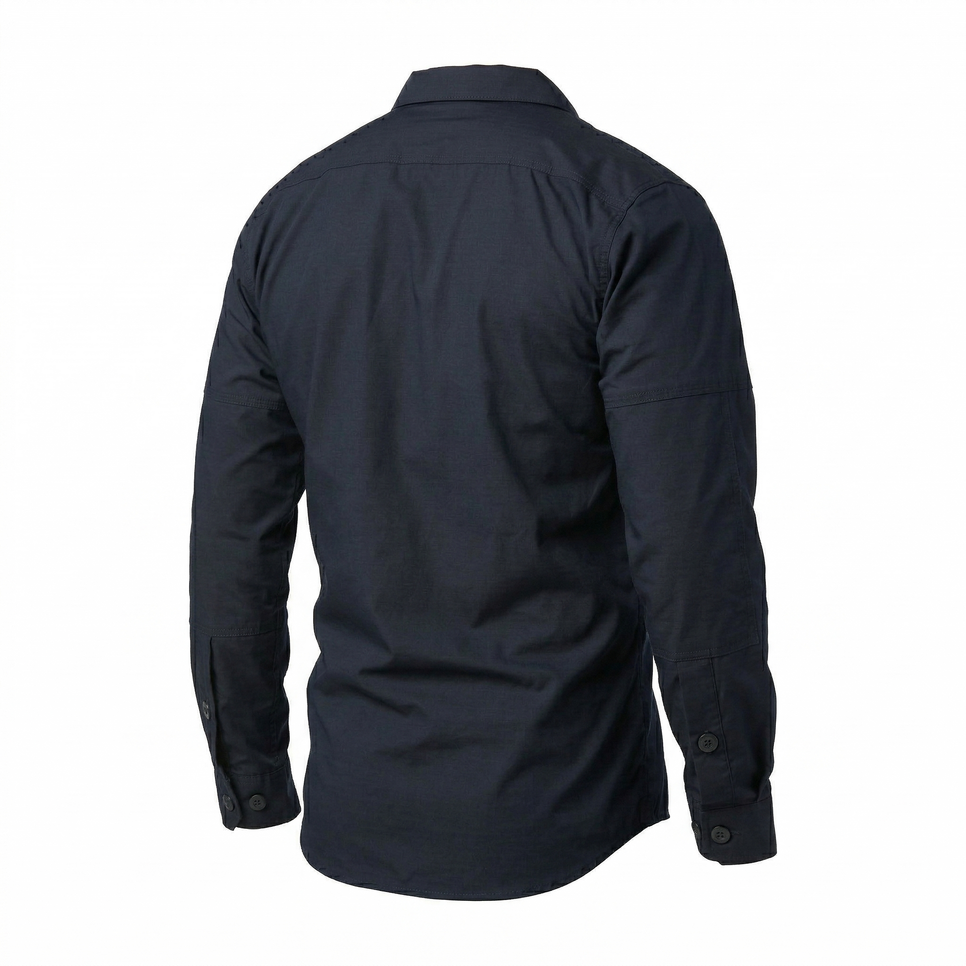 Three-quarter back view of the plain navy TDU ripstop long-sleeve shirt, no logo, showing the side seam and sleeve.