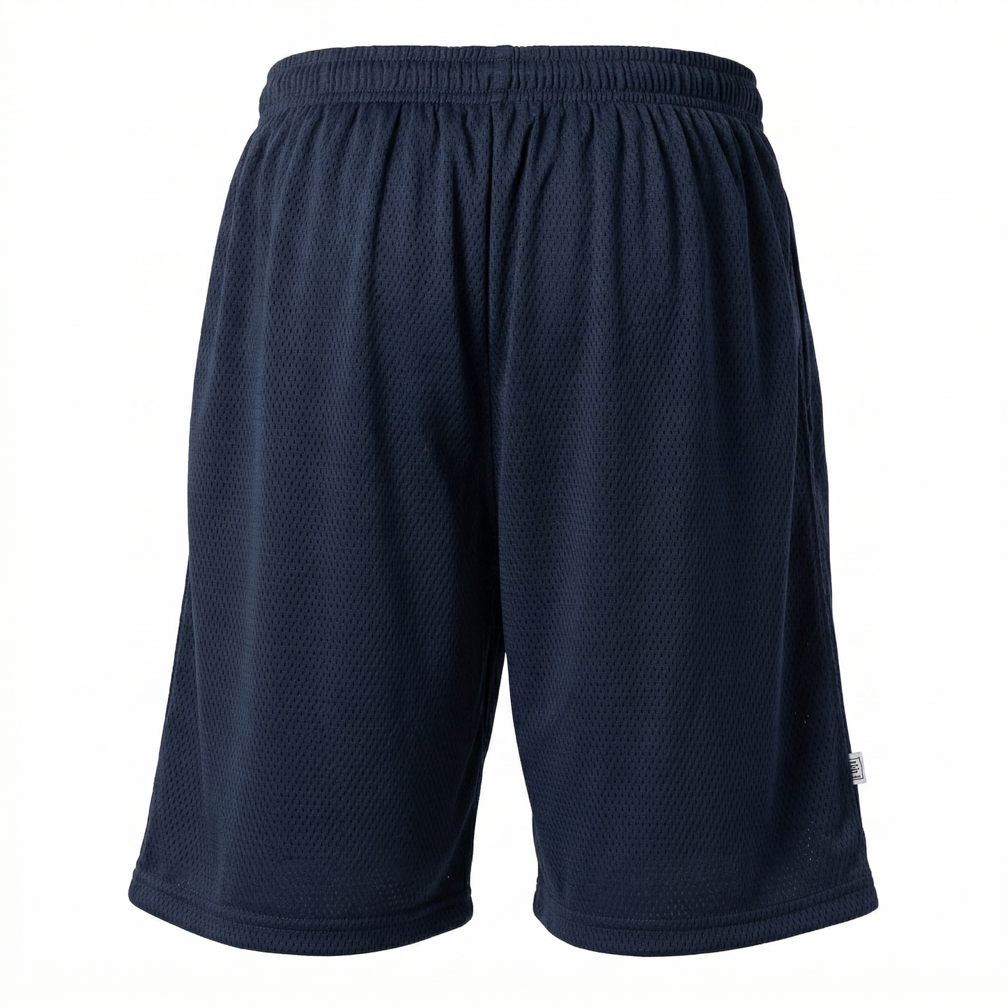 Back view of the plain navy mesh PT shorts with no logo, showing the elastic waistband and small white maker tag at the hem.