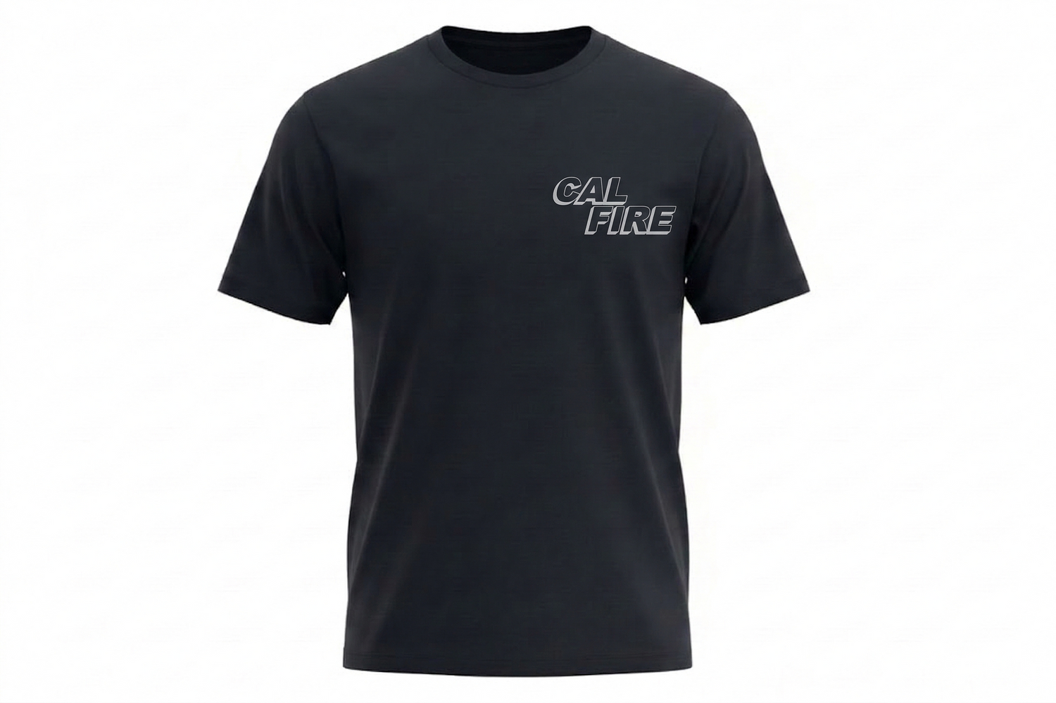 Navy First Tactical CAL FIRE cotton t-shirt, front product render with the small white CAL FIRE italic block wordmark on the left chest.