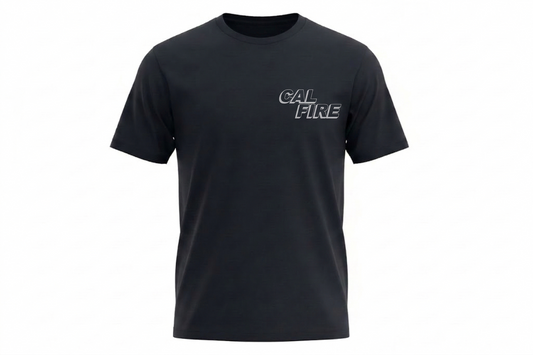 Navy First Tactical CAL FIRE cotton t-shirt, front product render with the small white CAL FIRE italic block wordmark on the left chest.