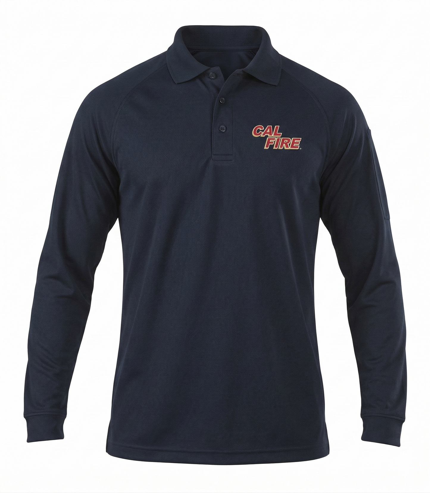 Front view of the navy 5.11 performance long-sleeve polo with the red CAL FIRE italic wordmark on the left chest and a three-button placket.