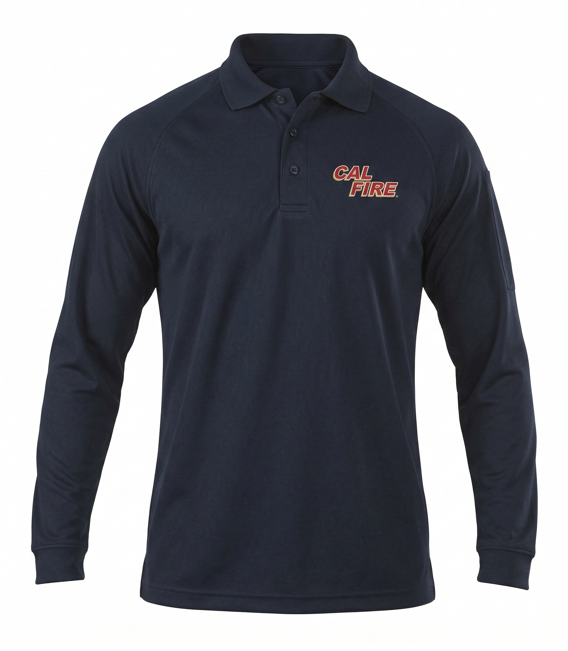 Front view of the navy 5.11 performance long-sleeve polo with the red CAL FIRE italic wordmark on the left chest and a three-button placket.