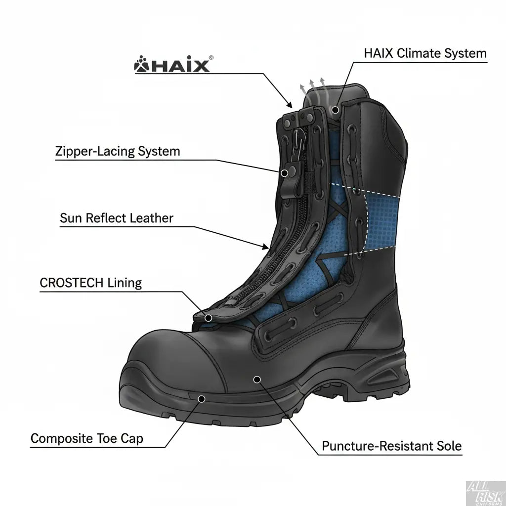 HAIX Airpower XR1 Pro Features Diagram - Zipper Lacing CROSSTECH Composite Toe Puncture Resistant Sun Reflect Leather