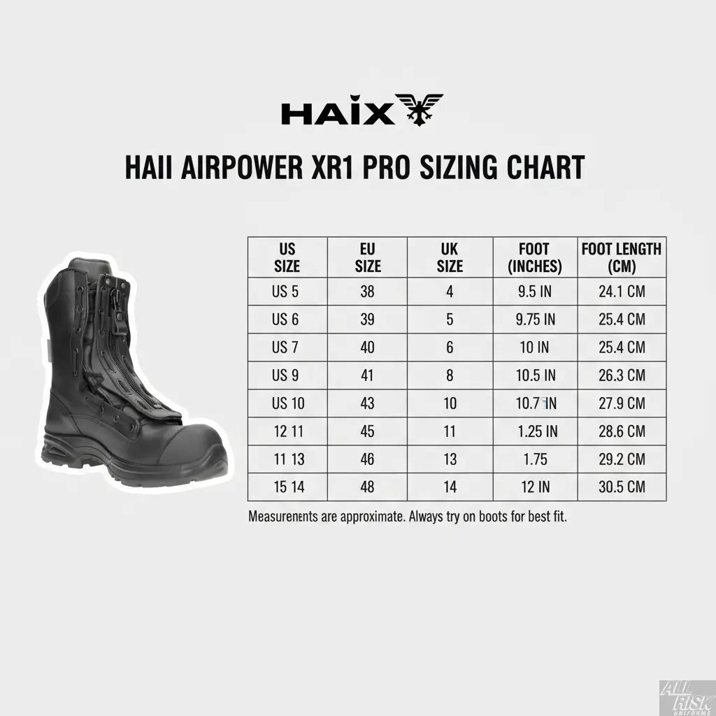 HAIX Airpower XR1 Pro Boot Sizing Chart - US EU UK Sizes Foot Length Measurements Guide