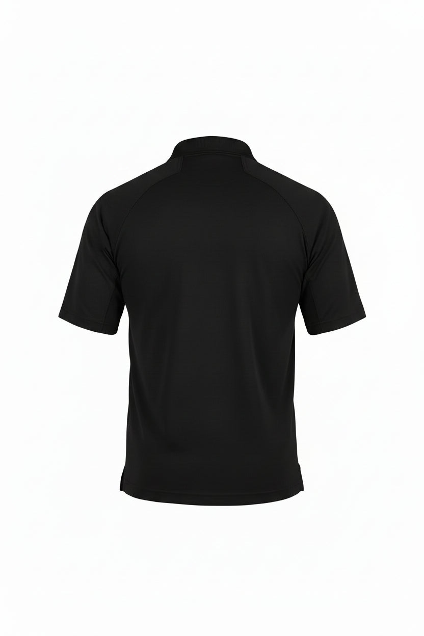 Dark navy First Tactical polo laid flat from the back, showing the plain unprinted rear, banded collar, and split hem.