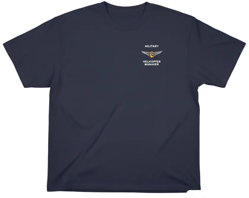 Navy blue t-shirt with a logo on the chest against a light gray background