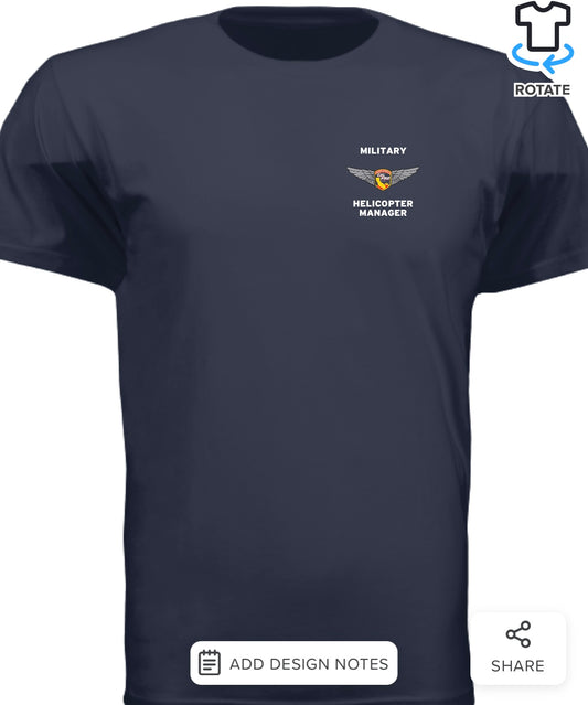 Navy blue t-shirt with a logo and text on the chest against a white background