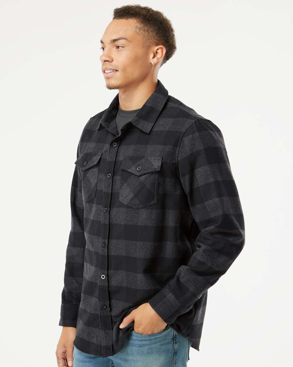 Independent Trading Company Men's Flannel Shirt in Charcoal Heather — side view