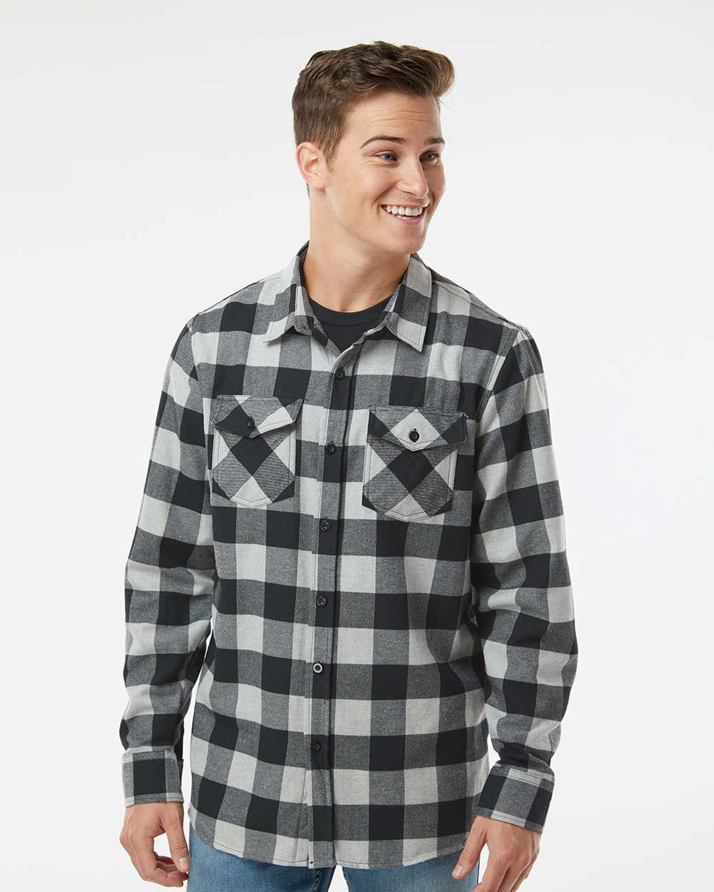 Independent Trading Company Men's Flannel Shirt in Grey Heather — front view (2)