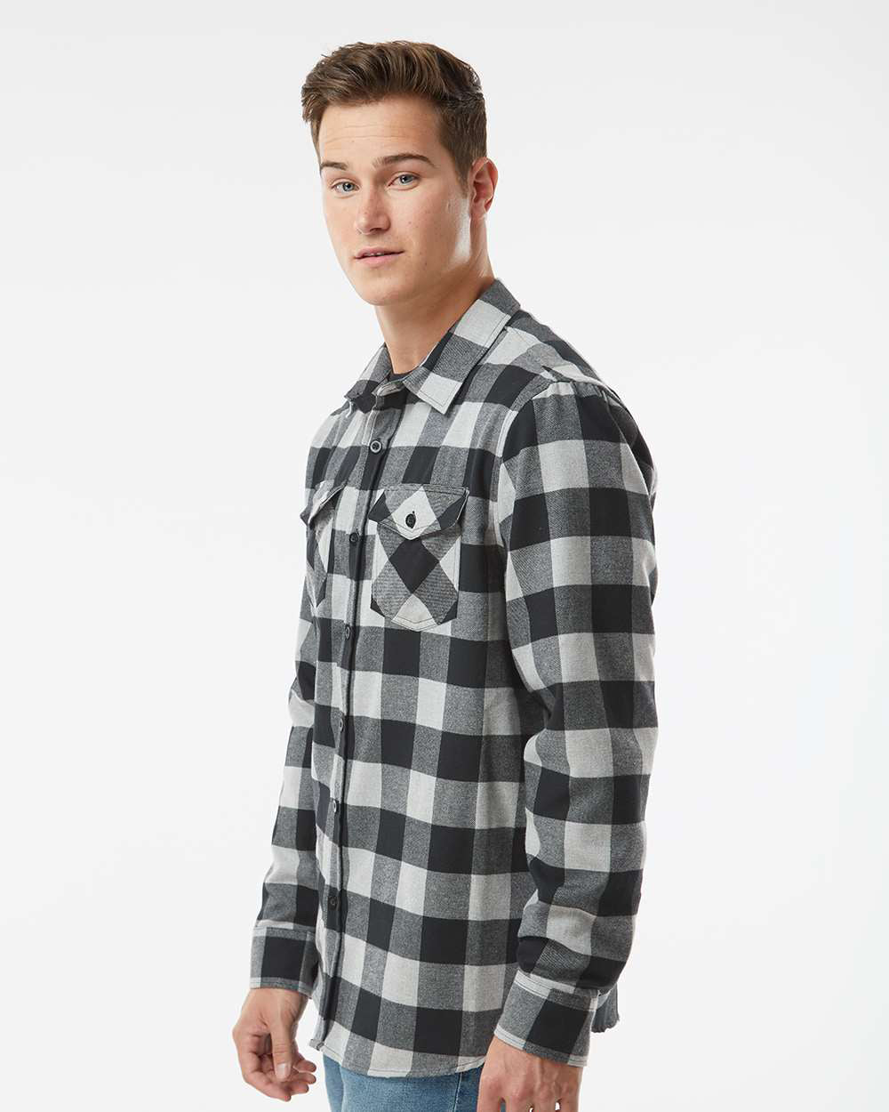 Independent Trading Company Men's Flannel Shirt in Grey Heather — side view