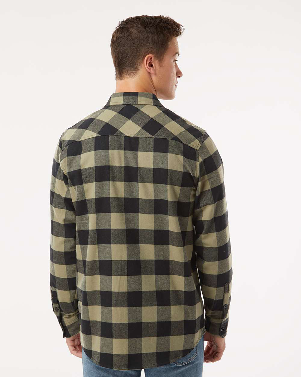 Independent Trading Company Men's Flannel Shirt in Olive Black — back view