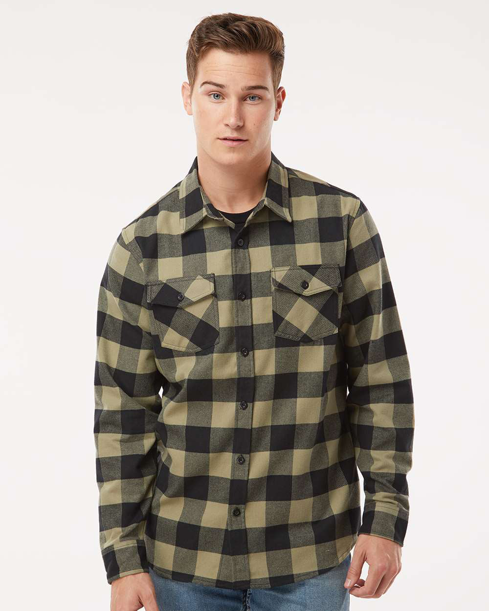 Independent Trading Company Men's Flannel Shirt in Olive Black — front view