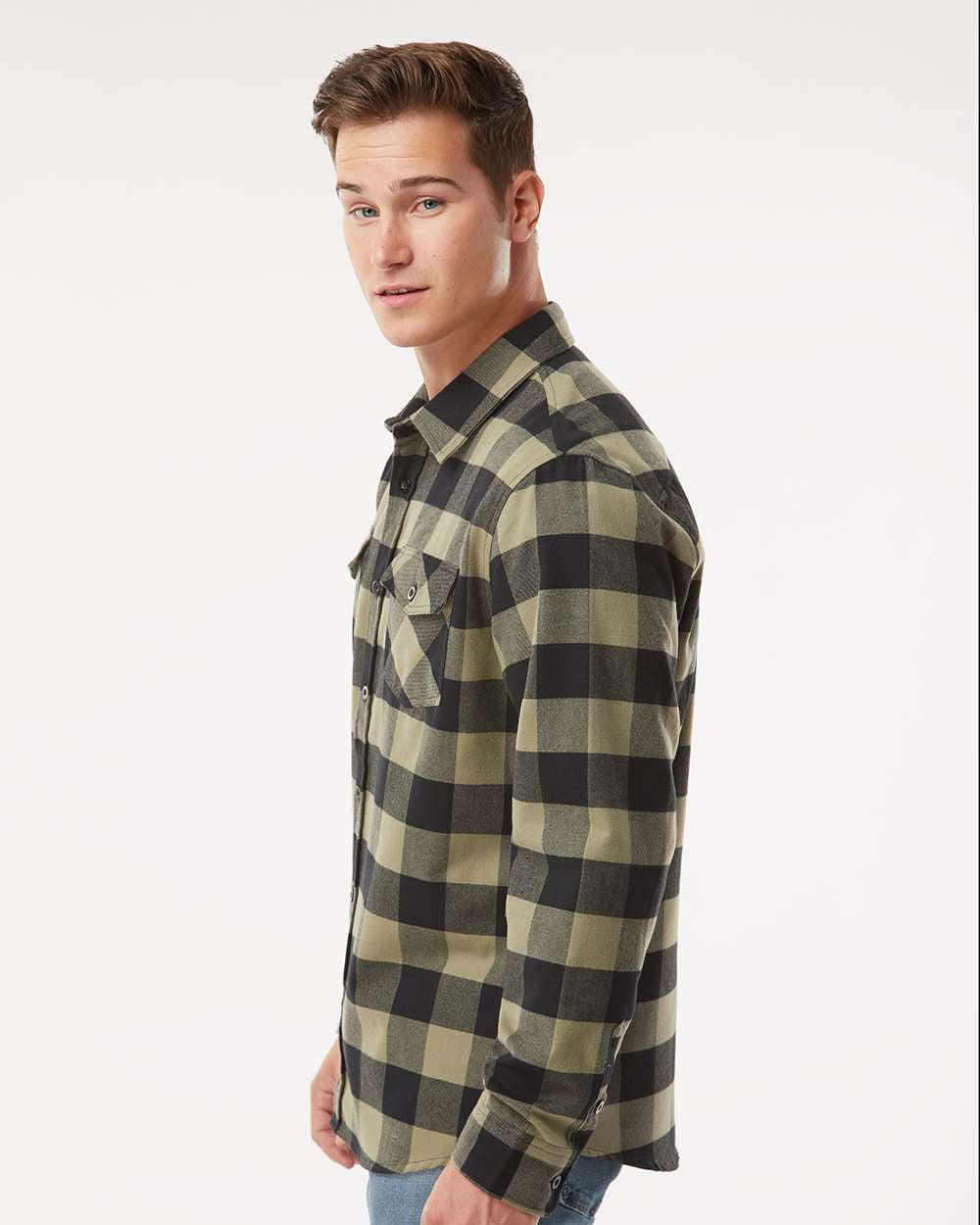 Independent Trading Company Men's Flannel Shirt in Olive Black — side view