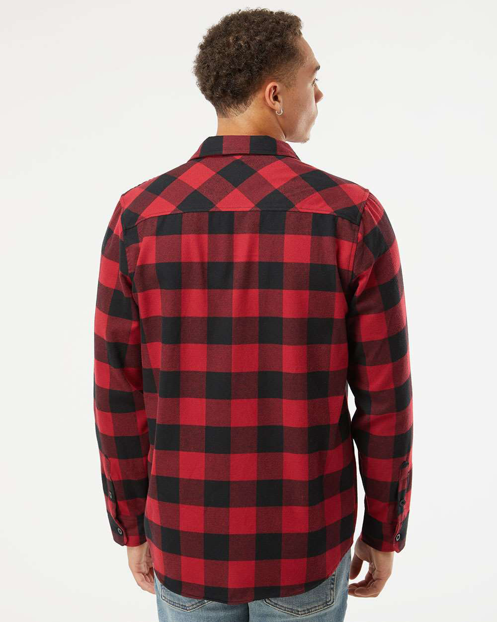 Independent Trading Company Men's Flannel Shirt in Red Black — back view