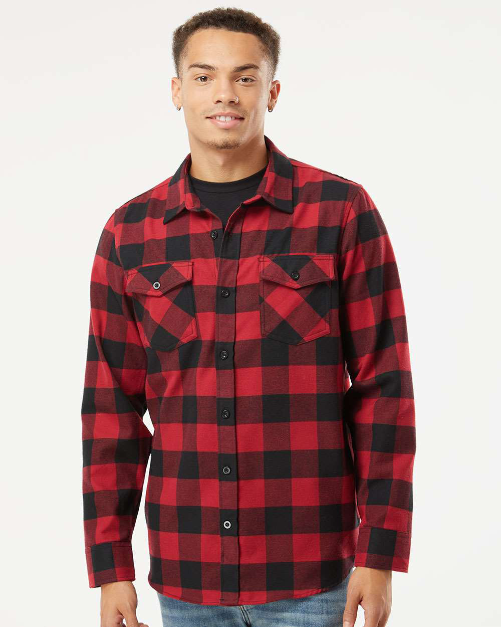 Independent Trading Company Men's Flannel Shirt in Red Black — front view