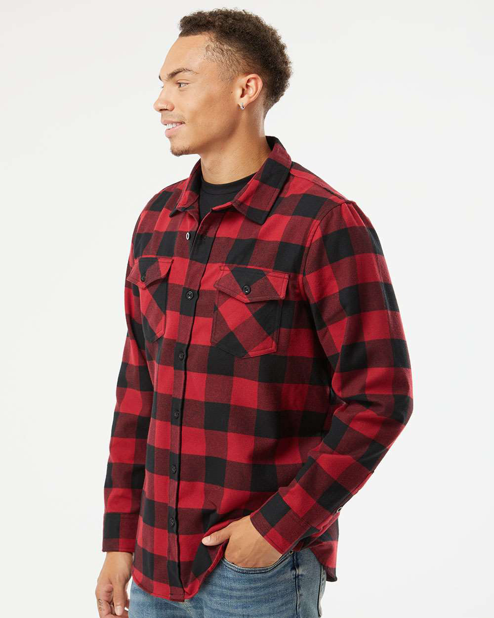 Independent Trading Company Men's Flannel Shirt in Red Black — side view
