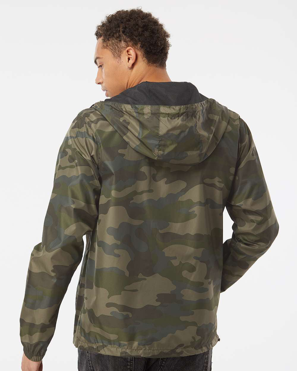Independent Trading Company Lightweight Windbreaker Jacket in Forest Camo — back view