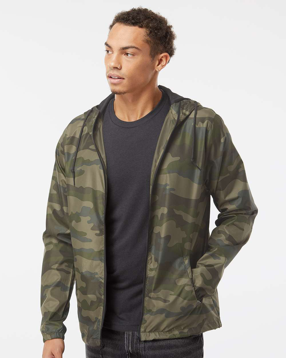 Independent Trading Company Lightweight Windbreaker Jacket in Forest Camo — front view (2)