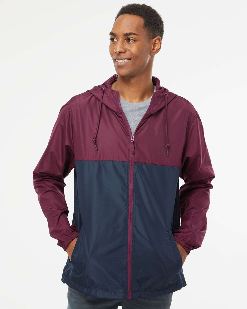 Independent Trading Company Lightweight Windbreaker Jacket in Maroon Navy — front view (2)