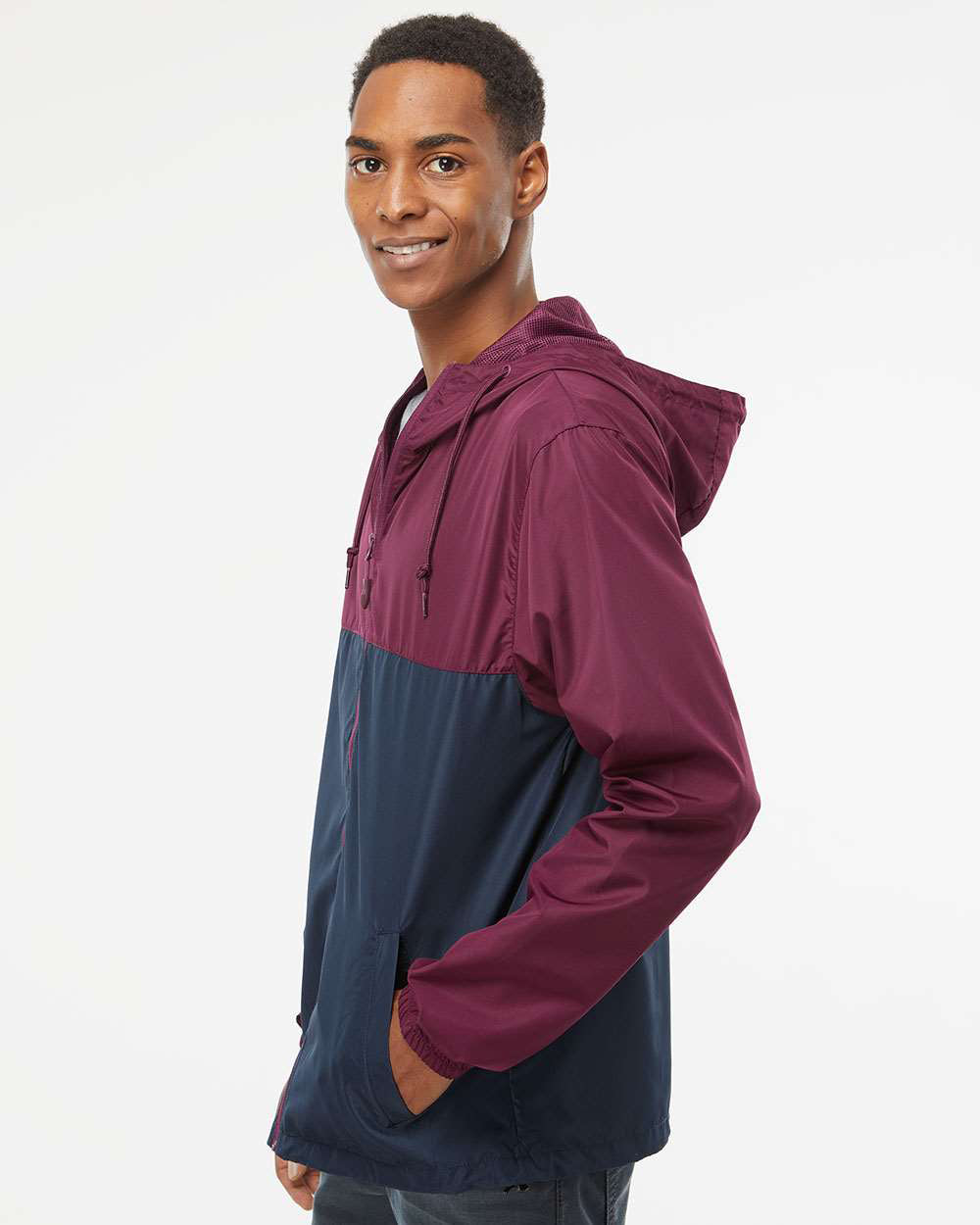 Independent Trading Company Lightweight Windbreaker Jacket in Maroon Navy — side view (2)