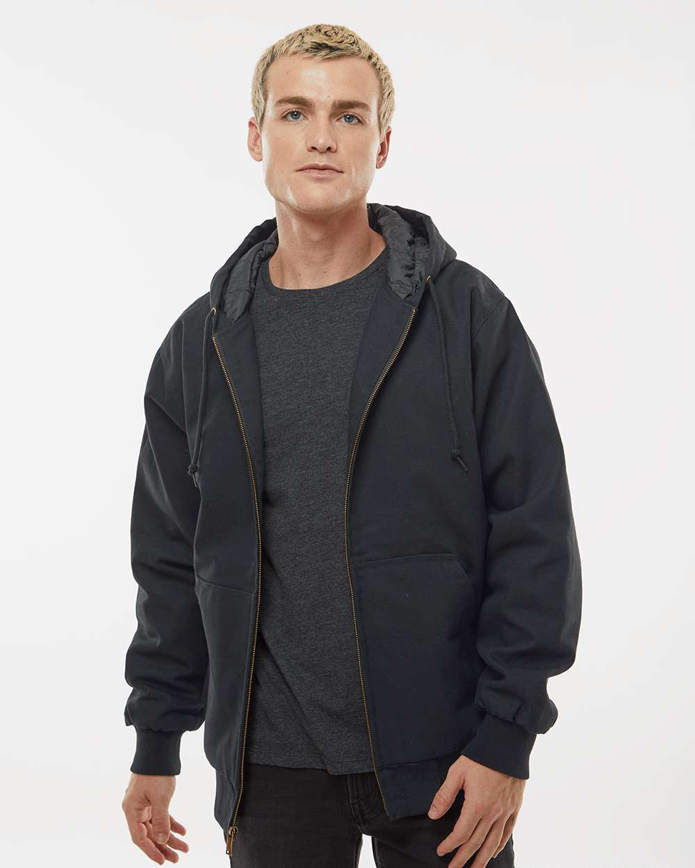 Independent Trading Company Men’s Insulated Canvas Workwear Jacket in Black — front view (2)