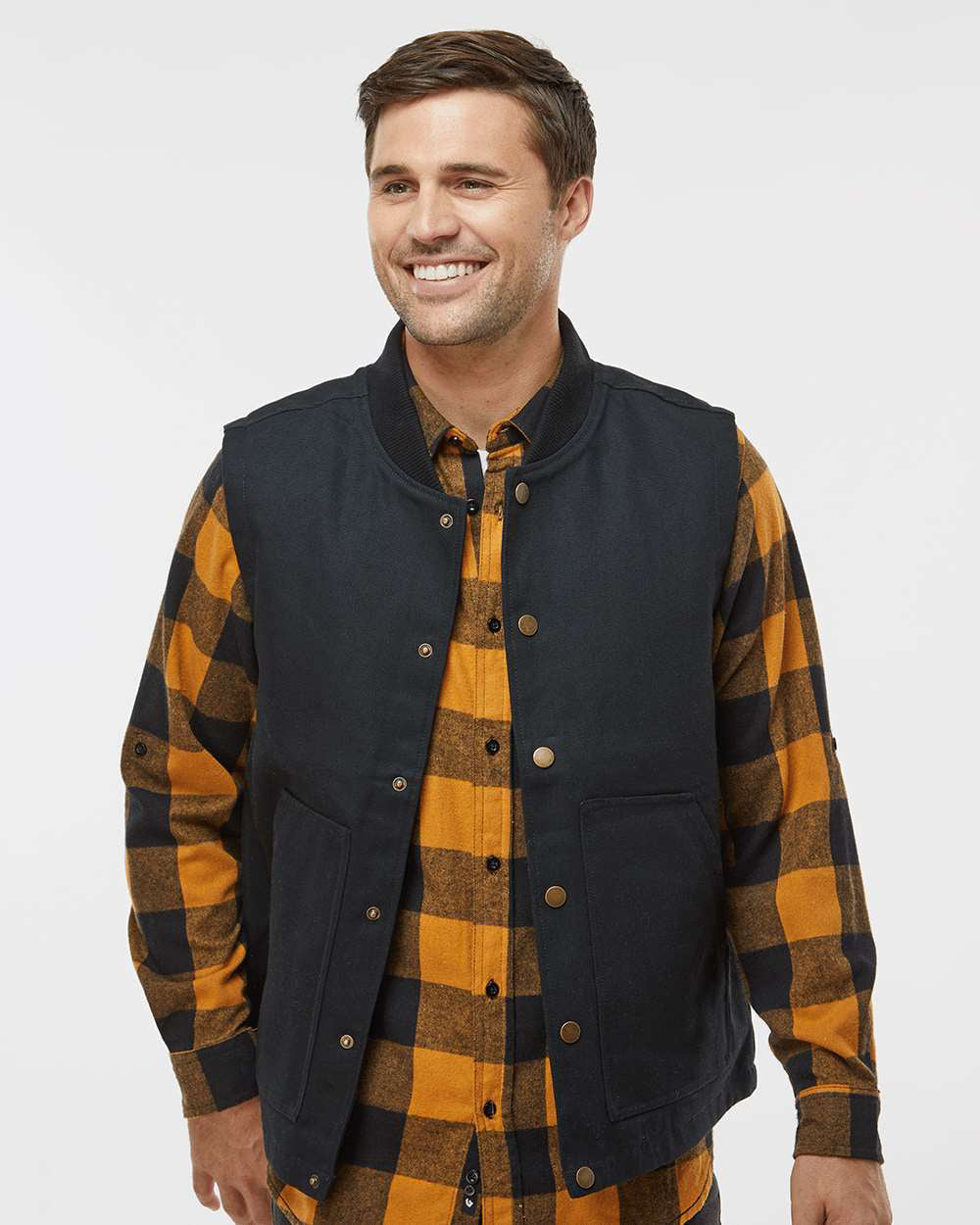 Independent Trading Company Men’s Insulated Canvas Workwear Vest in Black — front view (2)