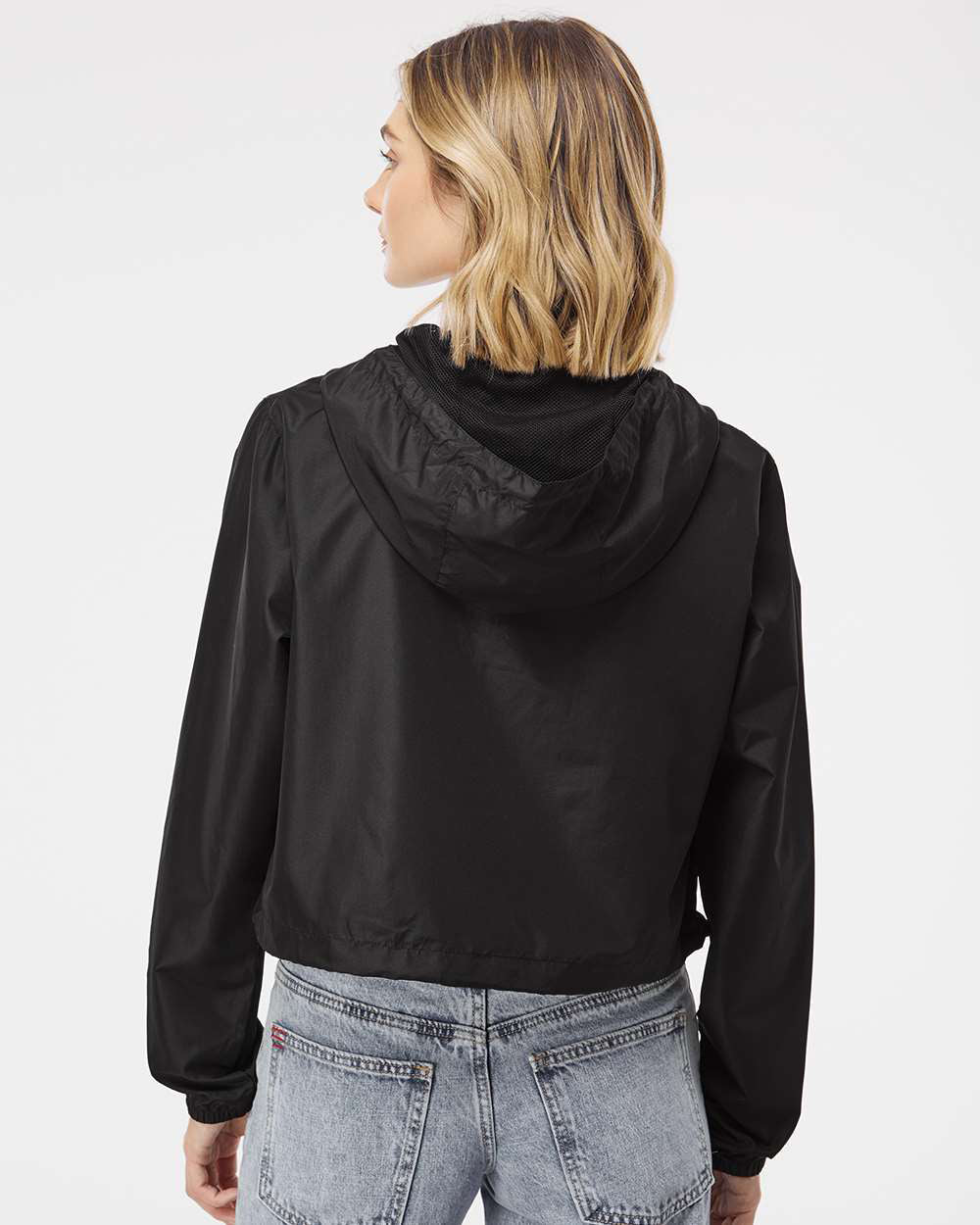Independent Trading Company Women’s Lightweight Crop Windbreaker in Black — back view (2)