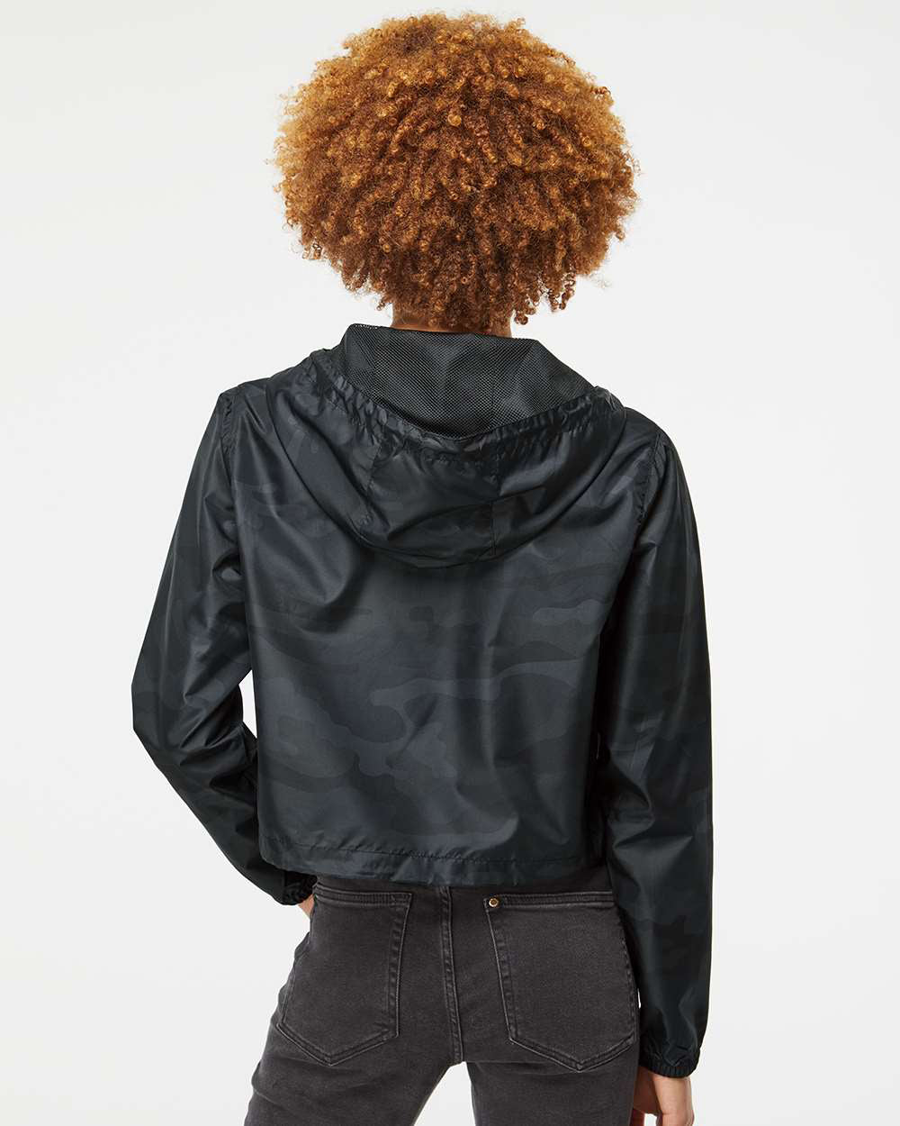Independent Trading Company Women’s Lightweight Crop Windbreaker in Black Camo — back view (2)