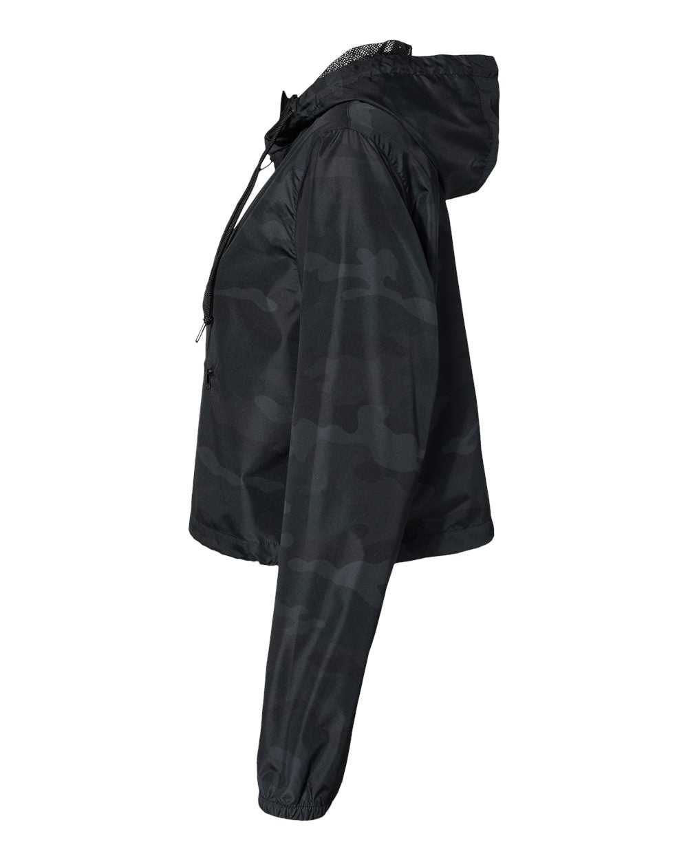 Independent Trading Company Women’s Lightweight Crop Windbreaker in Black Camo — side view