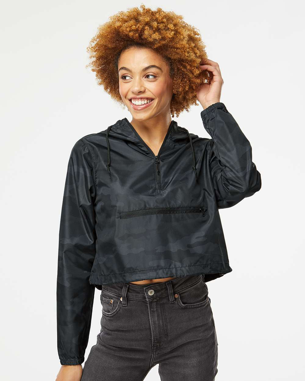 Independent Trading Company Women’s Lightweight Crop Windbreaker in Black Camo — front view