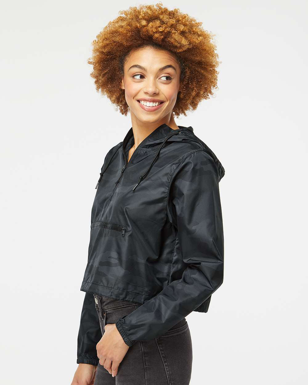 Independent Trading Company Women’s Lightweight Crop Windbreaker in Black Camo — side view (2)