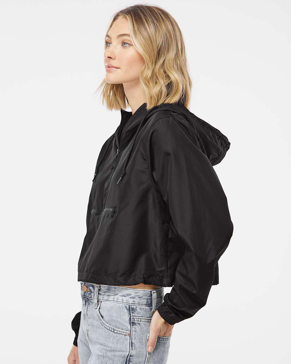 Independent Trading Company Women’s Lightweight Crop Windbreaker in Black — side view (2)