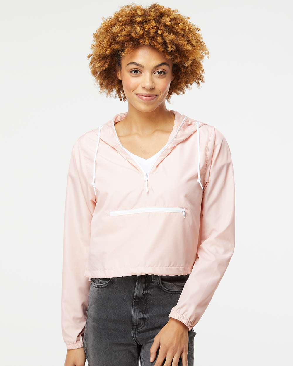 Independent Trading Company Women’s Lightweight Crop Windbreaker in White — front view