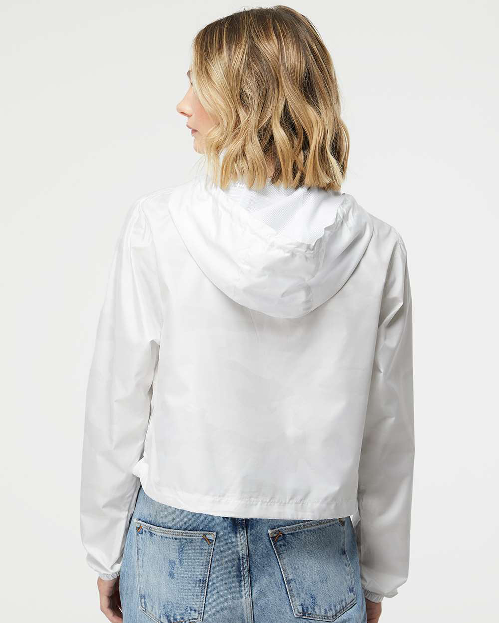 Independent Trading Company Women’s Lightweight Crop Windbreaker in White Camo — back view (2)