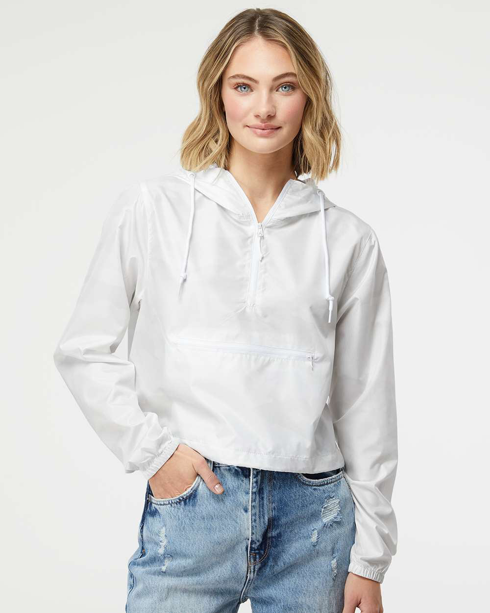 Independent Trading Company Women’s Lightweight Crop Windbreaker in White Camo — front view